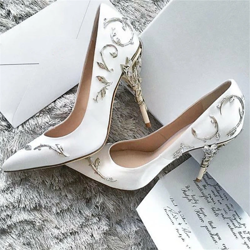 Pink Pointed Toe Women Pumps 9CM High Heels Satin Designer Strange Heel Ladies Wedding Dress Shoes Sexy Metal Decor Stiletto