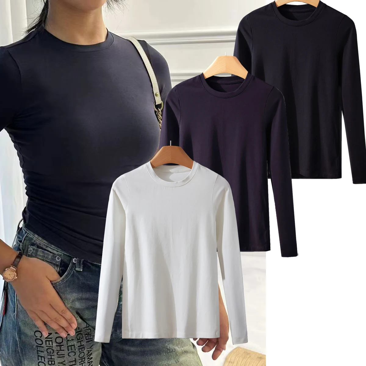 2025 New Brand Women's T-shirt Long Sleeve 95% Cotton Black Tops Basic Solid Crop Top Slim Fit Solid  Women T-shirt