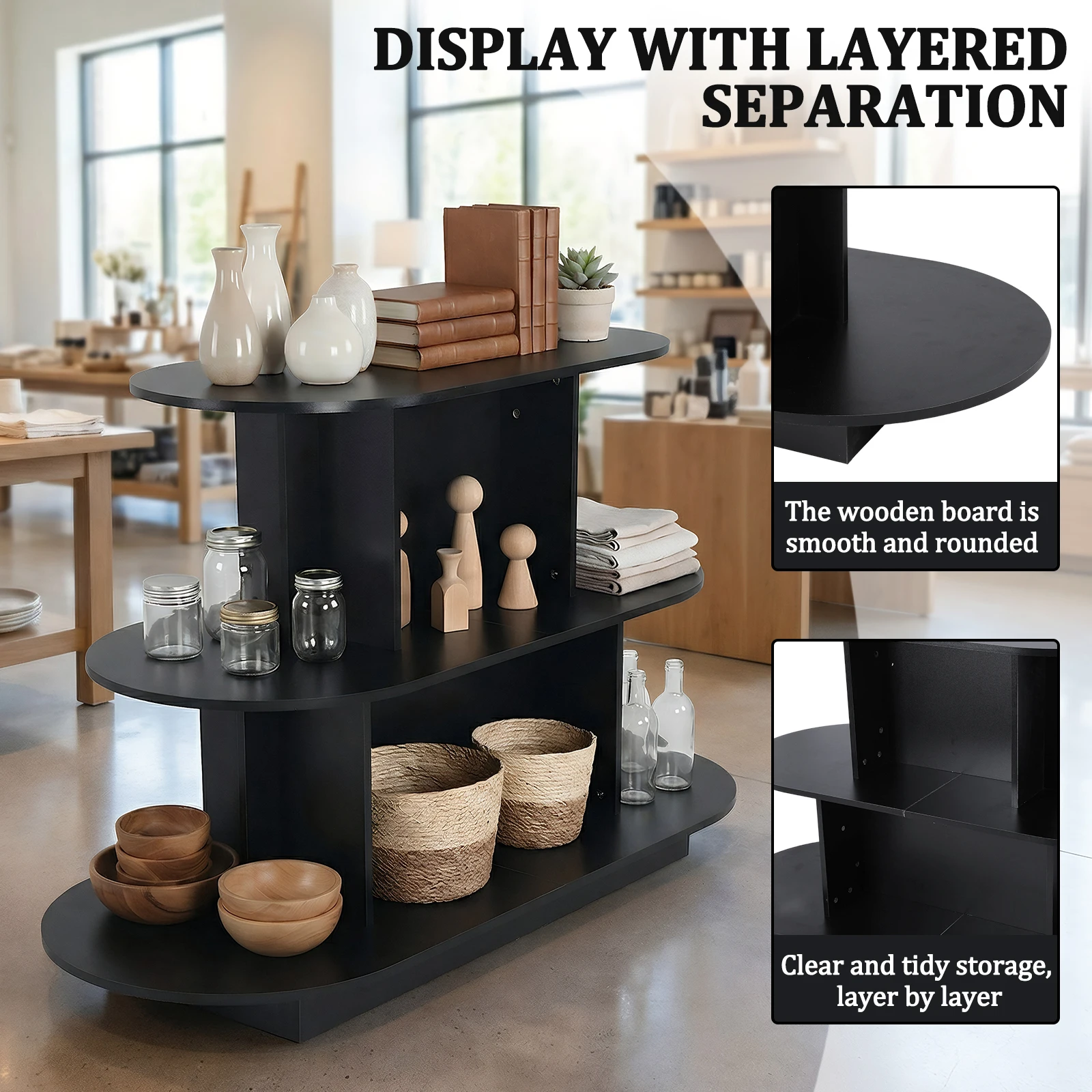 

55in W X 23.6in D X 35in H 3 Tier Oval Display Table Large Storage Space Display Rack for Stores and Vendor Events