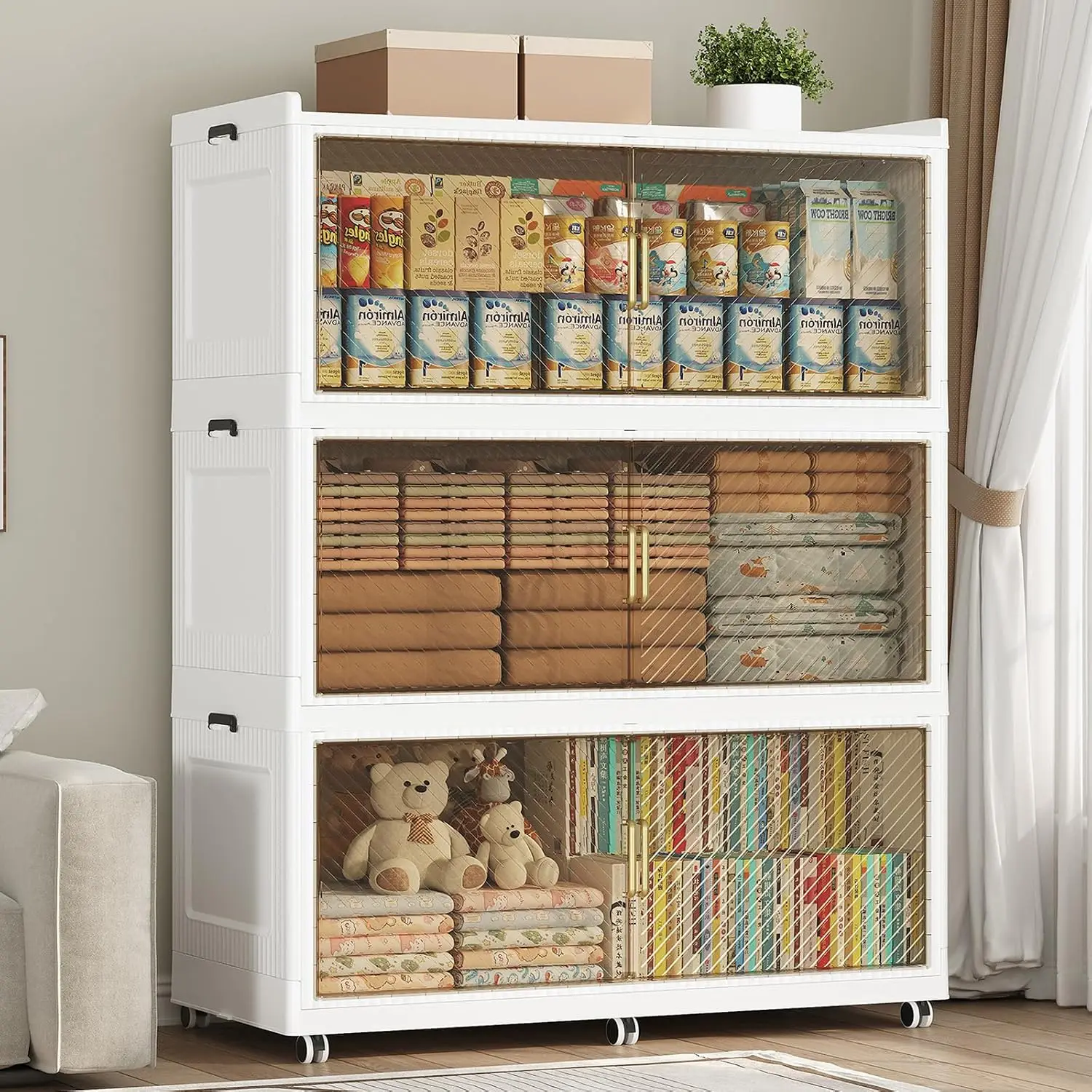 150 Gallon Collapsible Storage Bin Lid 960QT Stackable Organizer 6 Wheels Cabinet Closet Kitchen Office 3Pack, Customized
