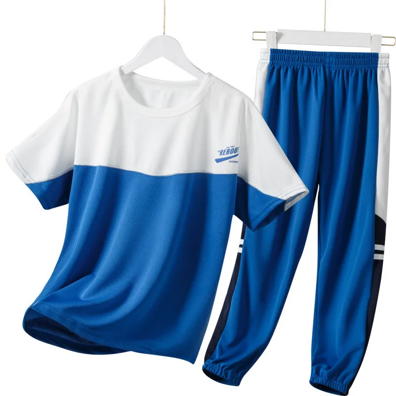 

Kid's Sports Apparel Summer Hot Breathable Color Patched Letters Printed Mesh Tee Shirt Long Trousers 2 Pcs Clothing Sets