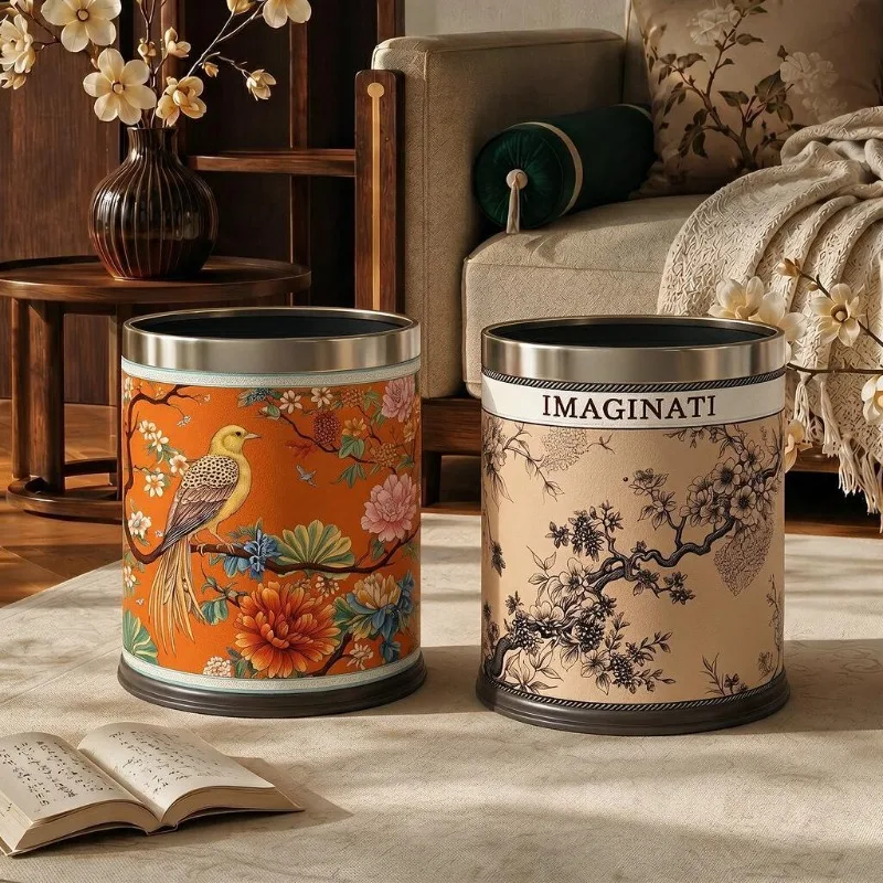 New Chinese Retro Faux Leather Trash Can, Waterproof Large Capacity Open Waste Bin for Study & Tea Room Home Decor