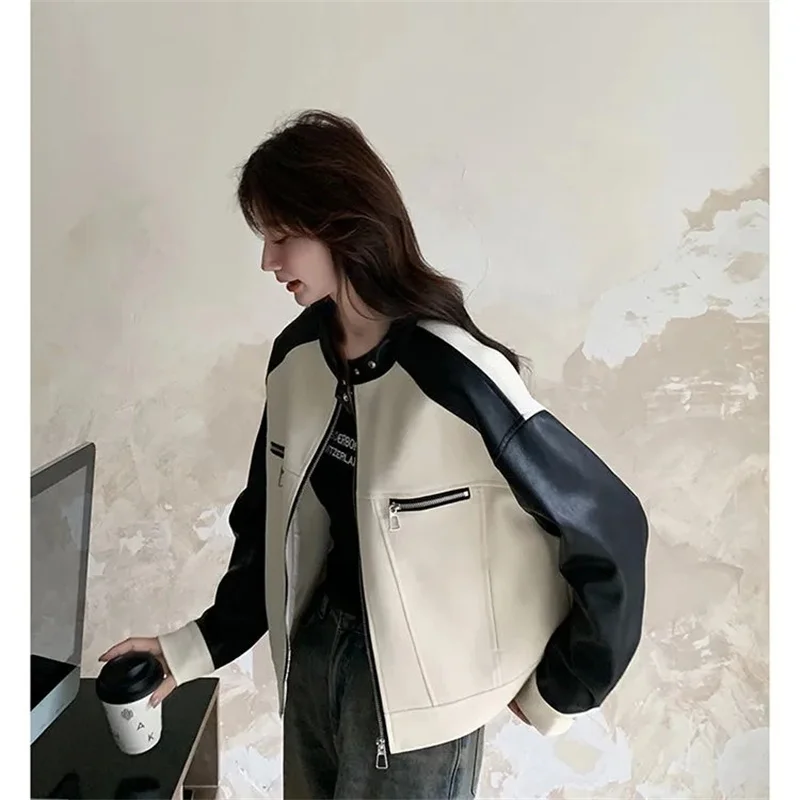 Autumn Ladies Contrast Color Jacket Retro Women Long Sleeves Pu Leather Outwear 2025 Femme Patchwork Short Faux Leather Coat