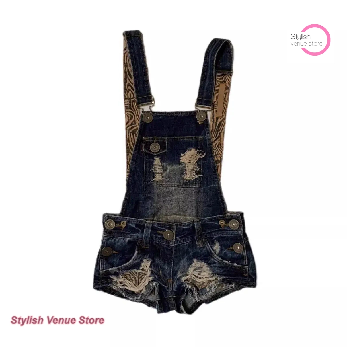 

American retro suspenders women's spring and summer new fashion temperament worn out the new slim spice cowboy suspenders shorts