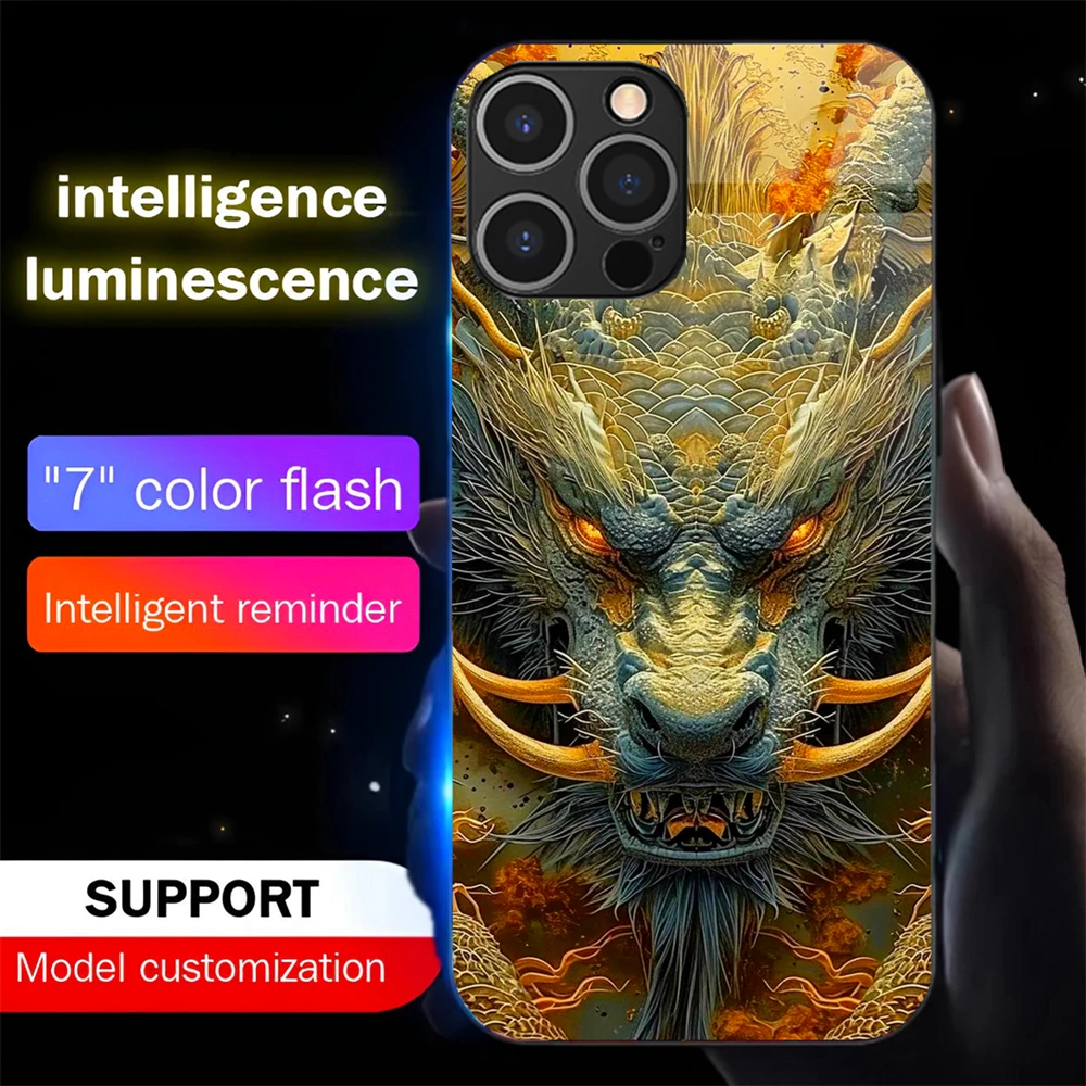 

Chinese Dragon Pattern Luminous Tempered Glass Phone Case LED Backlight Cover For iPhone 16 15 14 13 12 11 Pro Max XR XS Plus