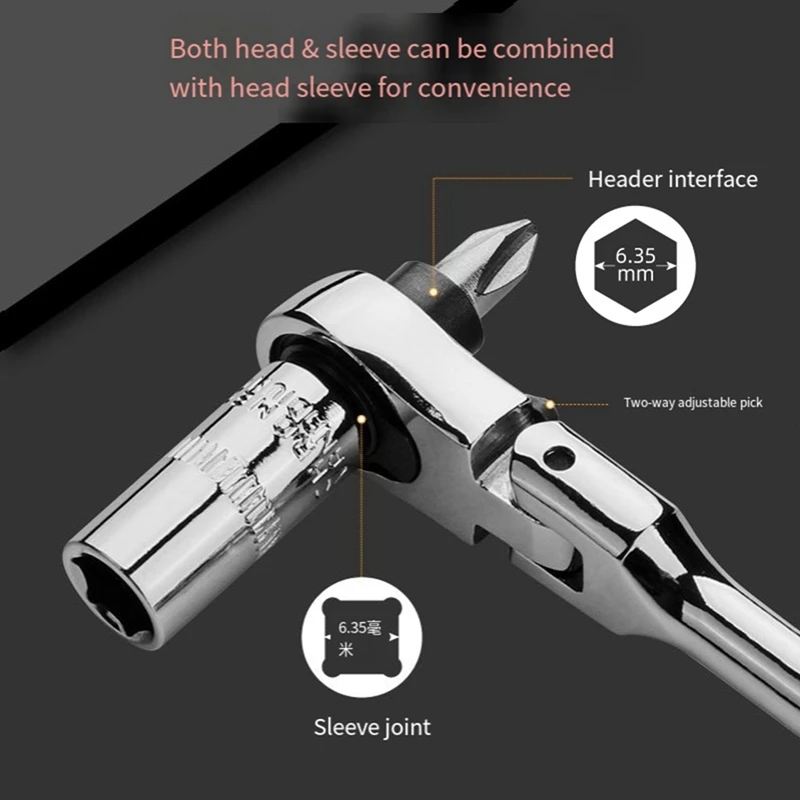 2-In-1 Round Handle Ratchet Wrench 1/4 Double Ended 72 Teeth Quick Spanner Tool Screwdriver Socket Bit