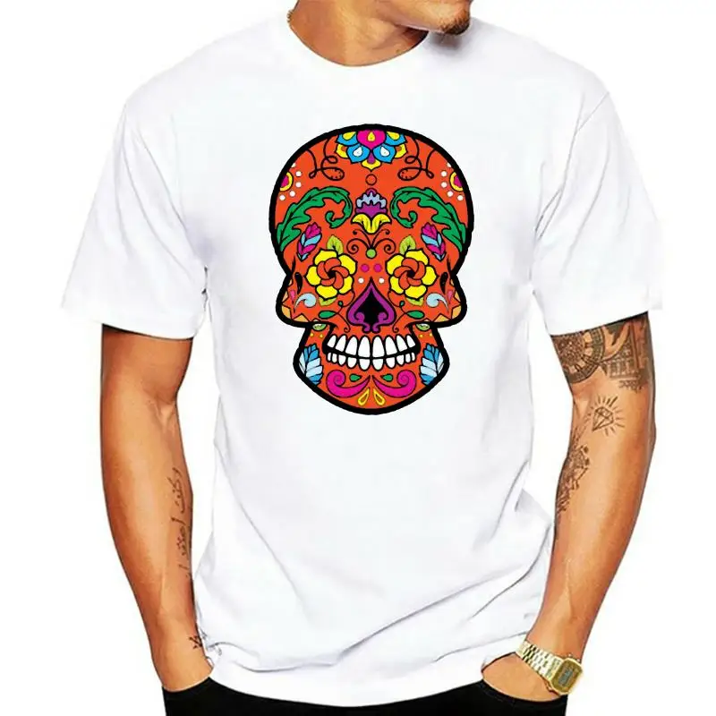 Printed Red Colorful Sugar Skull T Shirt Men Humorous Adult T Shirts Harajuku Short-Sleeve