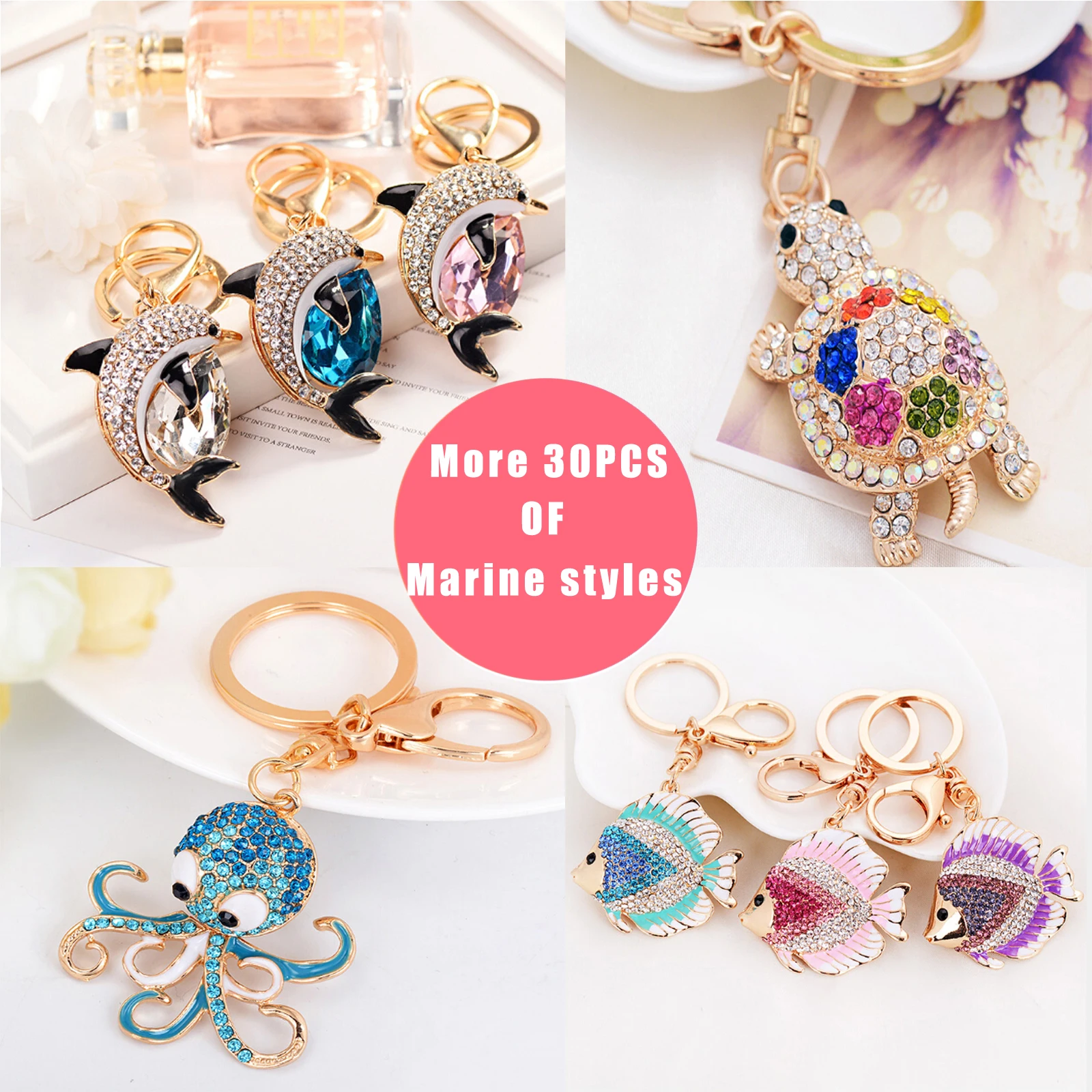 Fashion Rhinestone Crystal Metal Keychain Lovely Cartoon Marine Style Tortoise Fish Dolphin Keyring HandBag Car Pendant Gift