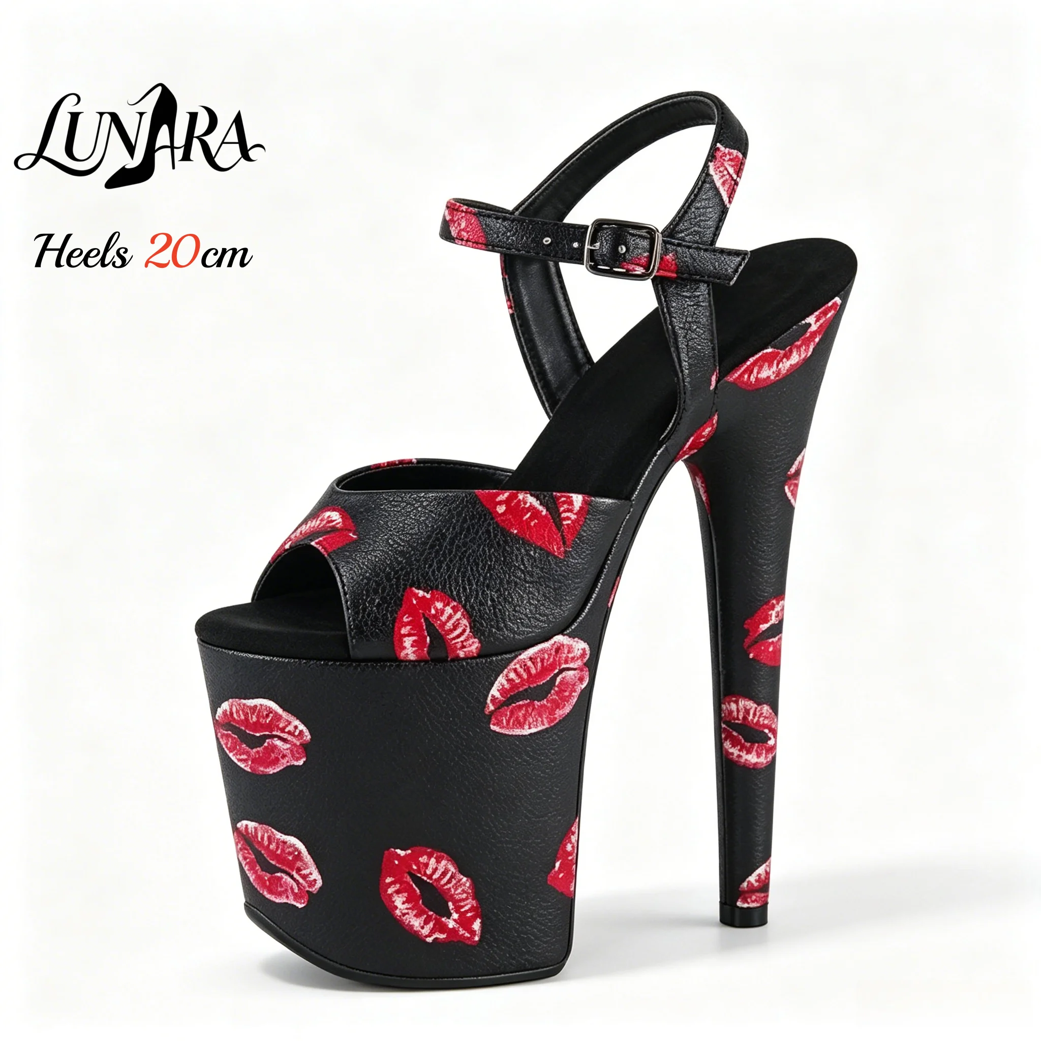 

Ladies 20cm/8Inch Black Lip Print Ankle Strap Buckle Open Toe Platform Stilettos Sandals Exotic Stripper shoes Pole dance Rave
