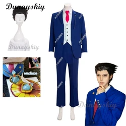 Ace Attorney Phoenix Wright Cosplay Costumes Blue Uniform Suit Jacket With Tie Halloween Party Role Play Props Wig Customized