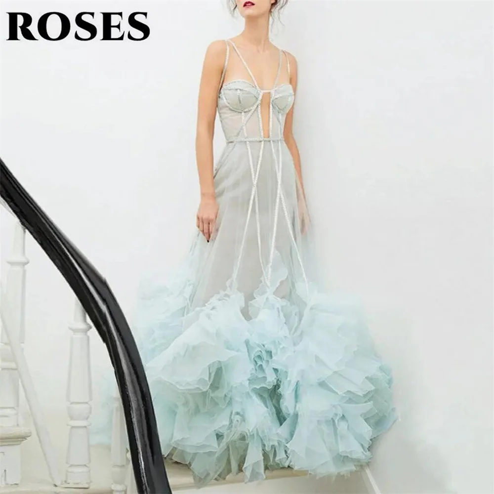 

ROSES Blue Spaghetti Strap Elegant Prom Dress Tiered Formal Party Gown with Pleats Evening Dress for Woman 프롬 드레스 Customized