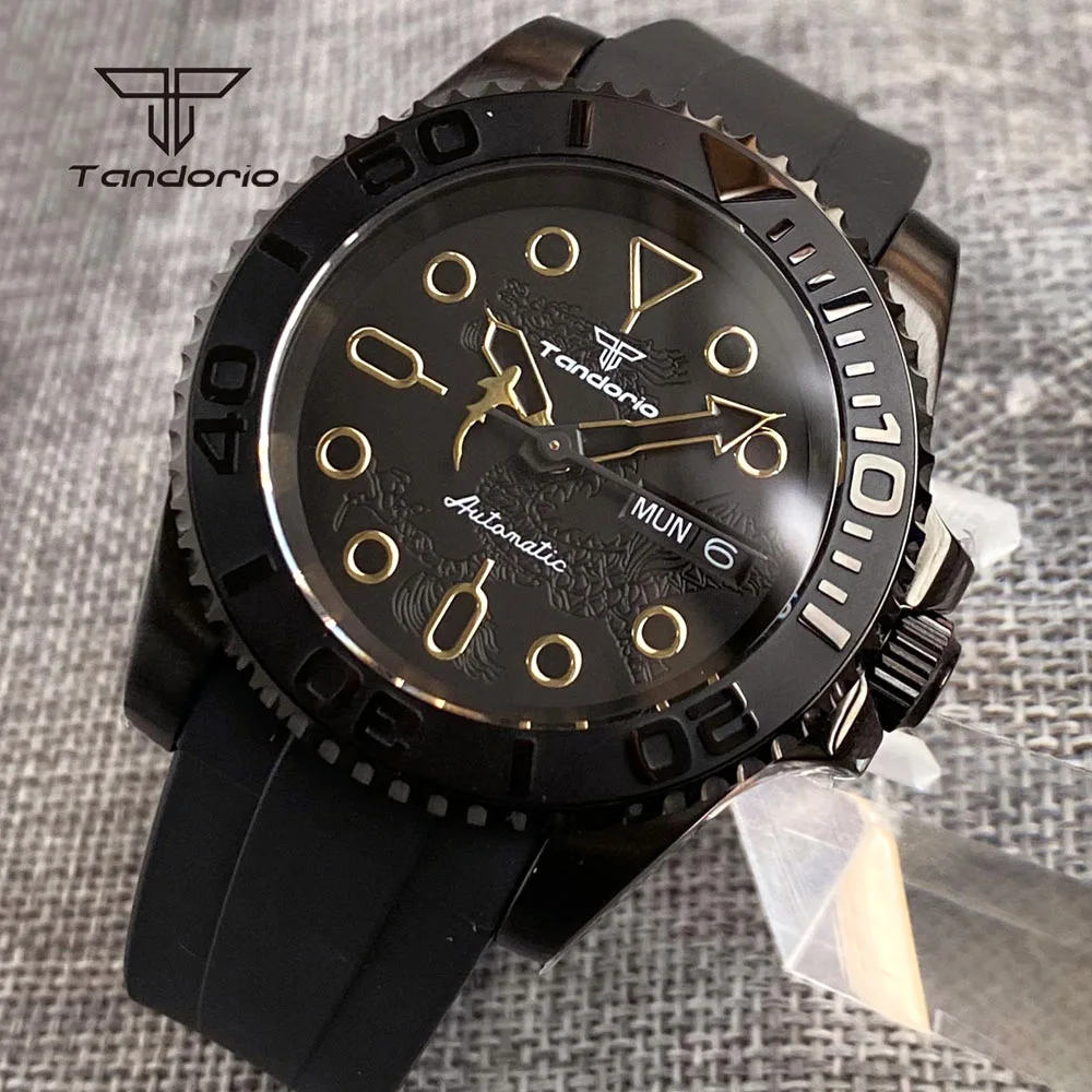 Tandorio NH36 Sapphire 40mm Business Diver Automatic Mechanical Black Watch for Men Dragon Pattern Date/Week Display Wristwatch