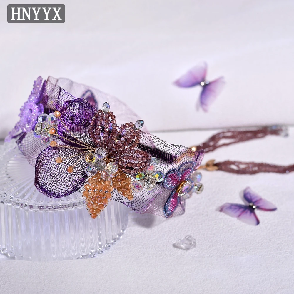 Hnyyx elegante cristal bandana borboleta flor argola de cabelo aba larga malha headpiece jóias de casamento acessórios para o cabelo a336