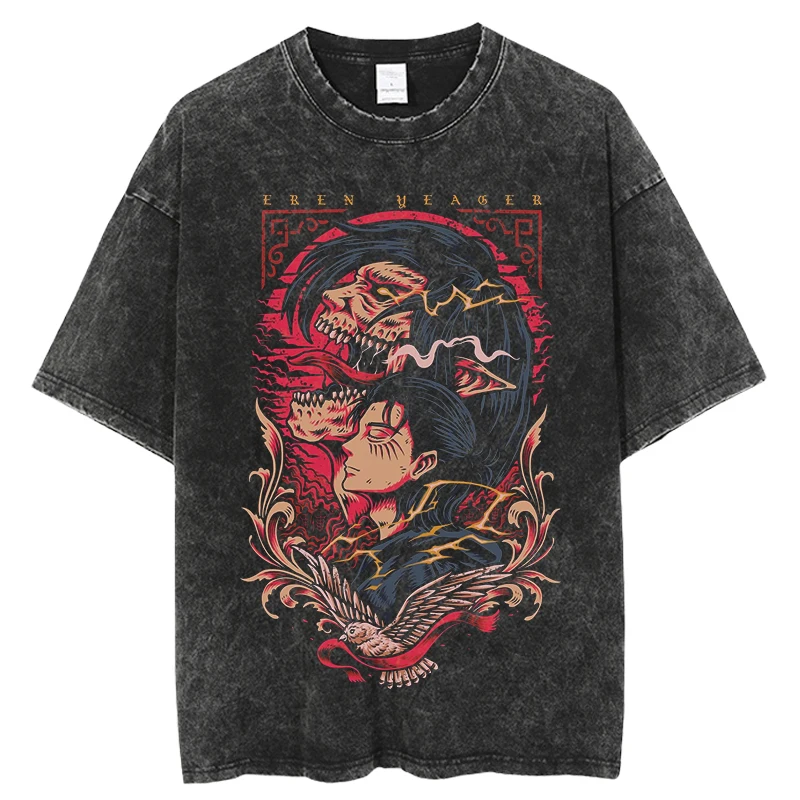 Vintage Washed Attack On Titan Eren Yeager Attack Titan Poster Graphic  Unisex Oversized Anime Streetwear Short Sleeve T‑Shirt