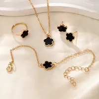 5PCS Romantic 5 Flower Petal Pendant Necklace Set for Women Girls Stud Earring Bracelet Ring Combination Jewelry Party Gifts