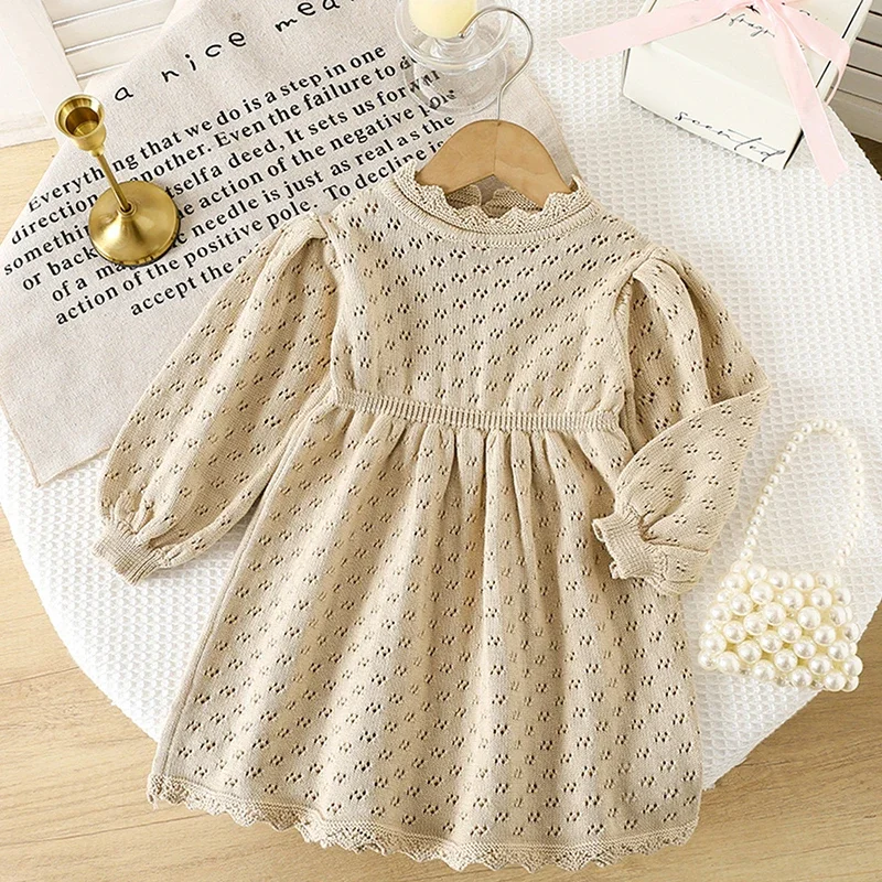 2025 New Autumn Sister Clothes 2-6Yrs Baby Girls Knitting Dress Long Sleeved Solid Color Knitted Kids Princess Dresses