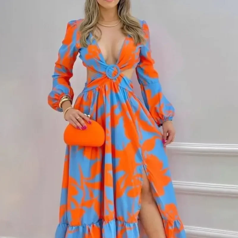 Summer Dress for Women Temperament Printed V-neck Long Dress Vintage Elegant Long Sleeve V-Neck Maxi Sundress Harajuku Dresses