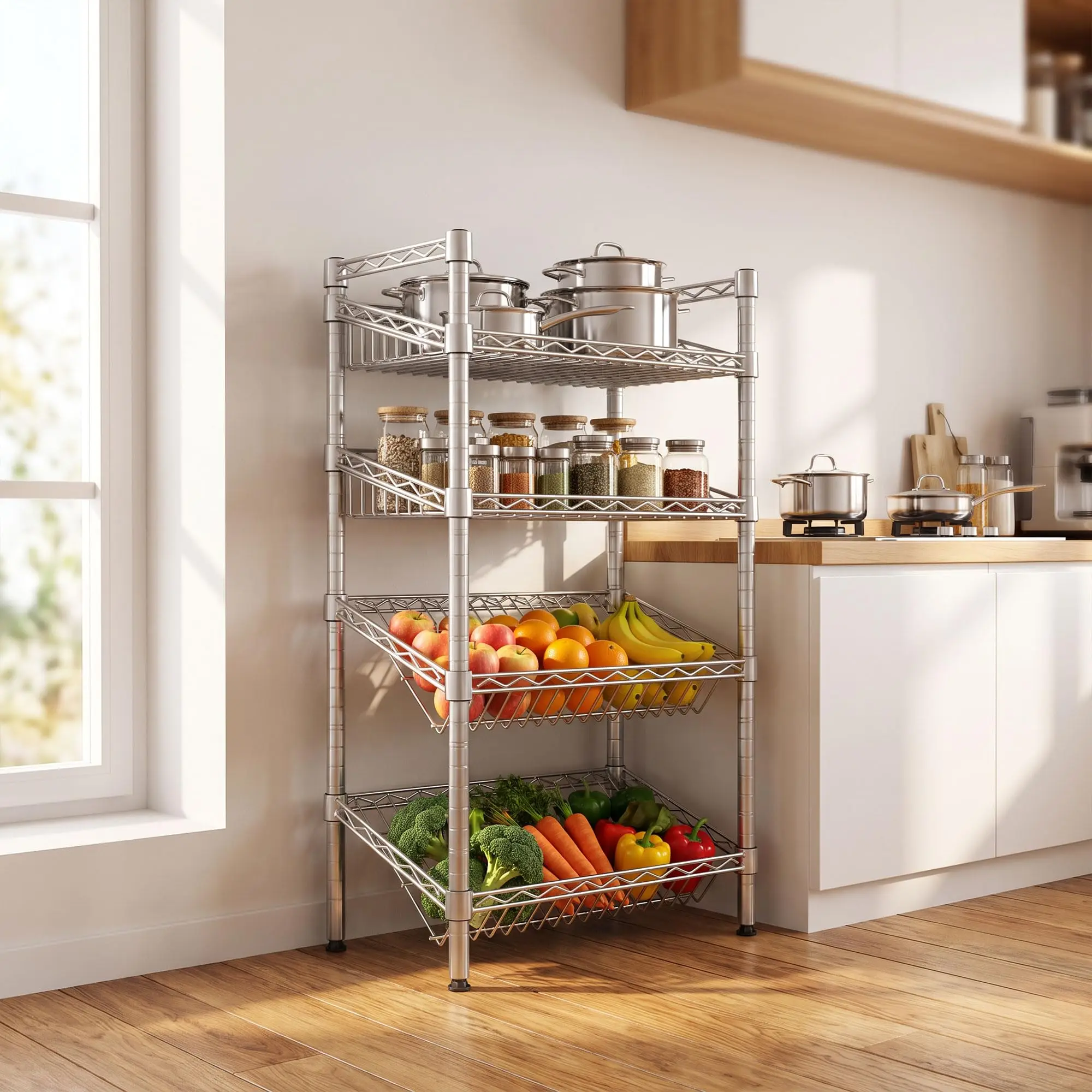 4-Tier Metal Wire Storage Shelving Unit, Kitchen Pantry Organizer Rack with Tilting Baskets, Heavy Duty Adjustable Utility Shelf for Vegetables, Wine & Cookware