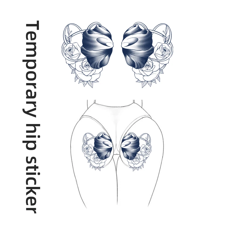 Herbal Symmetrical Navy Rose Temporary Tattoo Sticker for Women Hip Butt Body Art Waterproof Floral Design Decal Party Beach