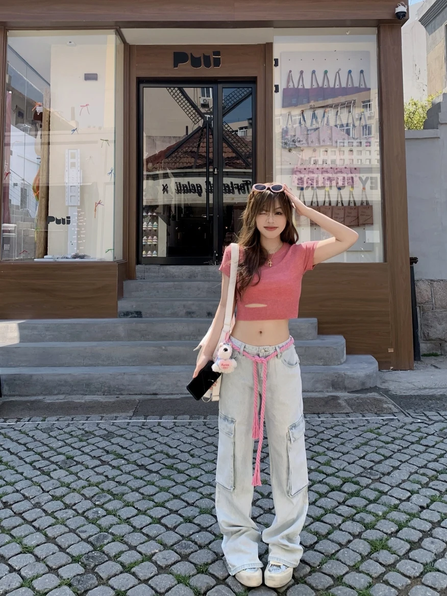 

Loose Straight Leg Jeans Women's Light Blue Waed Denim Pants Multiple kets Slimming Floor-Length Trousers Street Sle