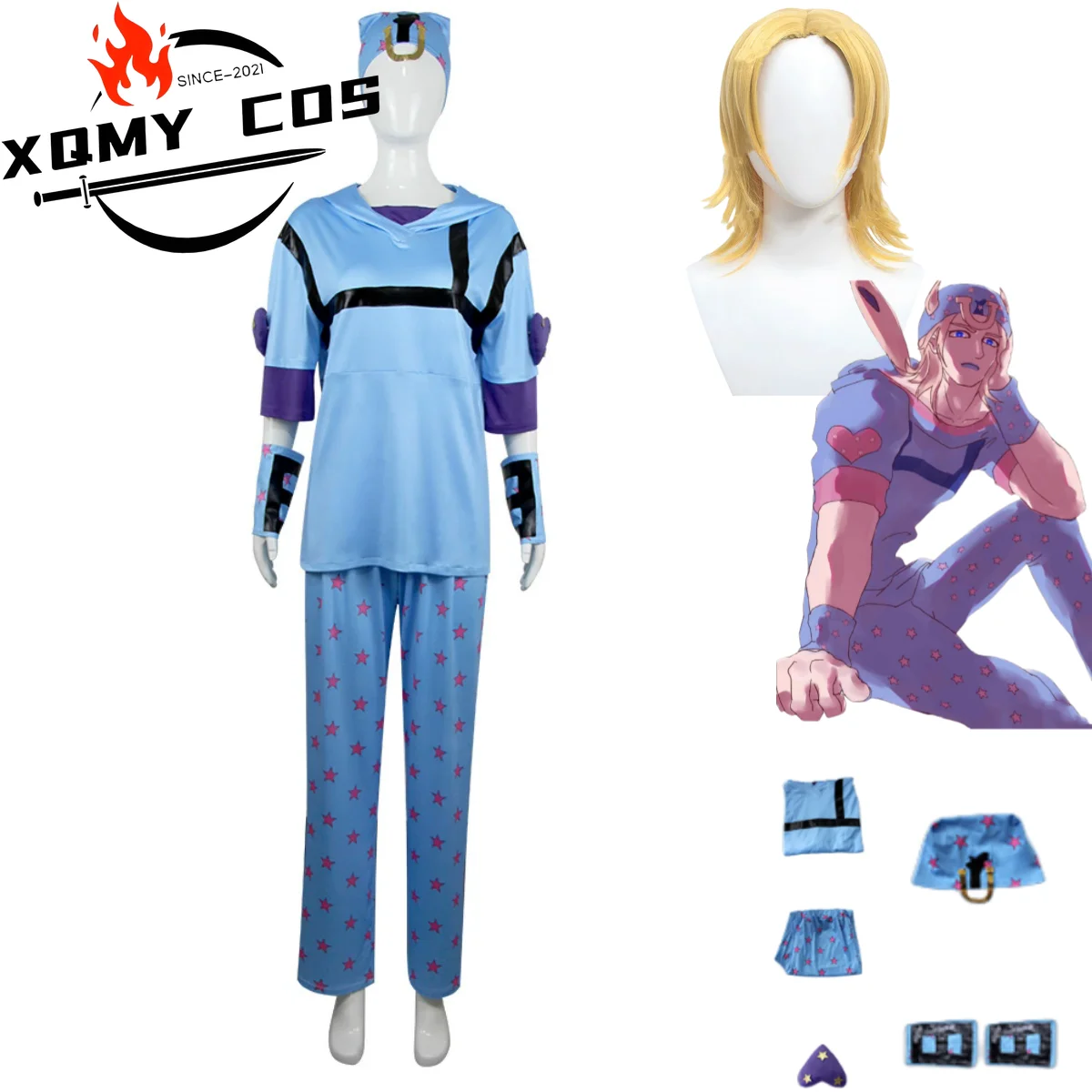 

XqAnime JoJo's Bizarre Adventure Джонатан Джостар Косплей Костюм Стальной шар Run Синие топы Униформа Парик Мужчина Женщина Карнавальный костюм