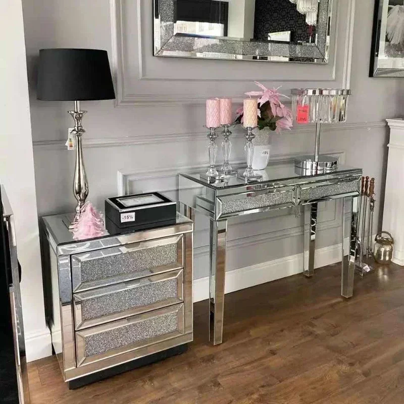 3 Drawer Sparkly Crushed Diamond Mirored Console Table for Living Room