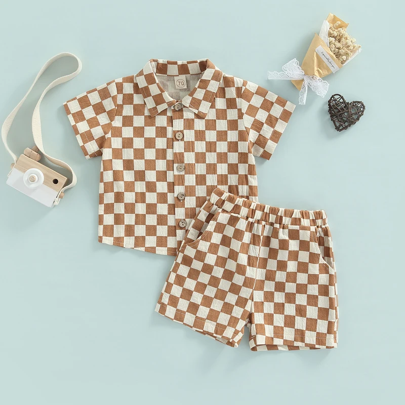 Roupa infantil para meninos, elegante, lapela, pescoço, camisa abotoada com mangas curtas, shorts casuais de verão para um visual completo