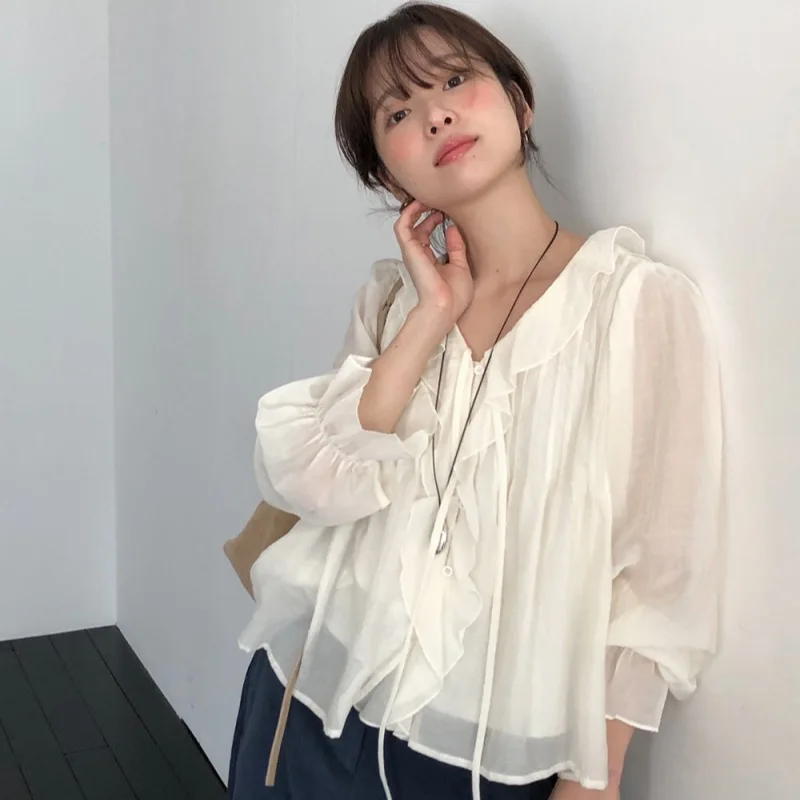 Long Sleeve Shirt Pleated Wave Collar Micro Transparent Belted Women's Fashion Polyester Fiber Non-Shrinking Thin Style