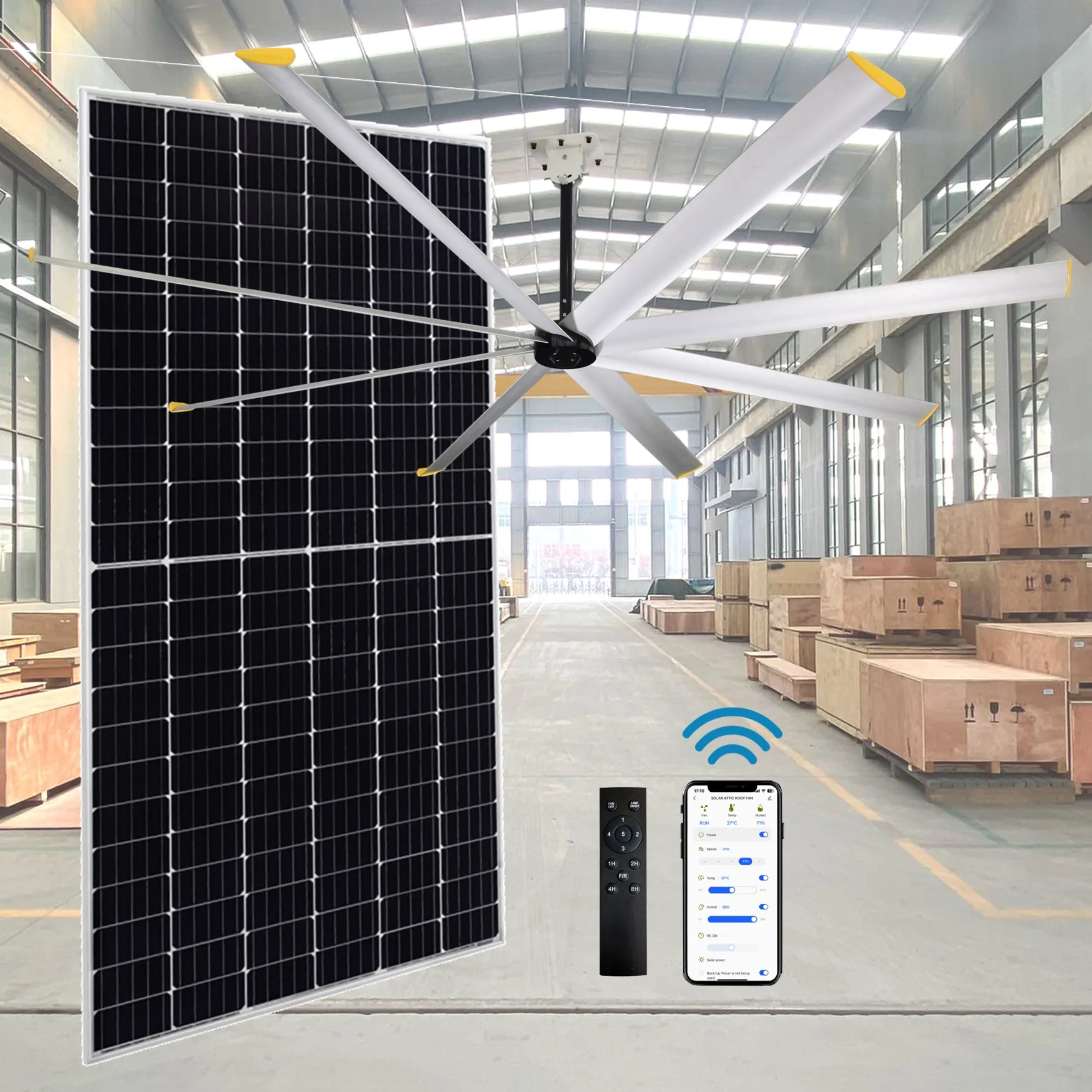 Ventilador de Techo Gigante de Alta Velocidad (HVLS) con Energía Solar, Ventilador Industrial Grande para Almacenes, Fábricas y Granjas, Ventilador de Gran Tamaño para Refrigeración