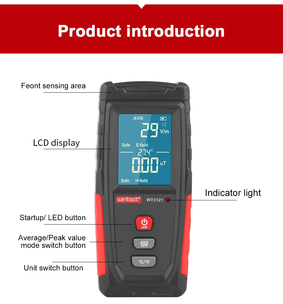 Imagem -03 - Handheld Digital Lcd Emf Medidor de Campo Magnético Elétrico Dosímetro Detector Radiação Eletromagnética Teste Wt3121