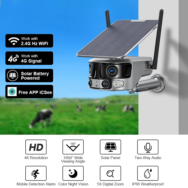 4K 8MP Profession Solar Camera WiFi 4G Dual Lens 4X Zoom With Solar Panel Humanoid Tracking PTZ Security Cam