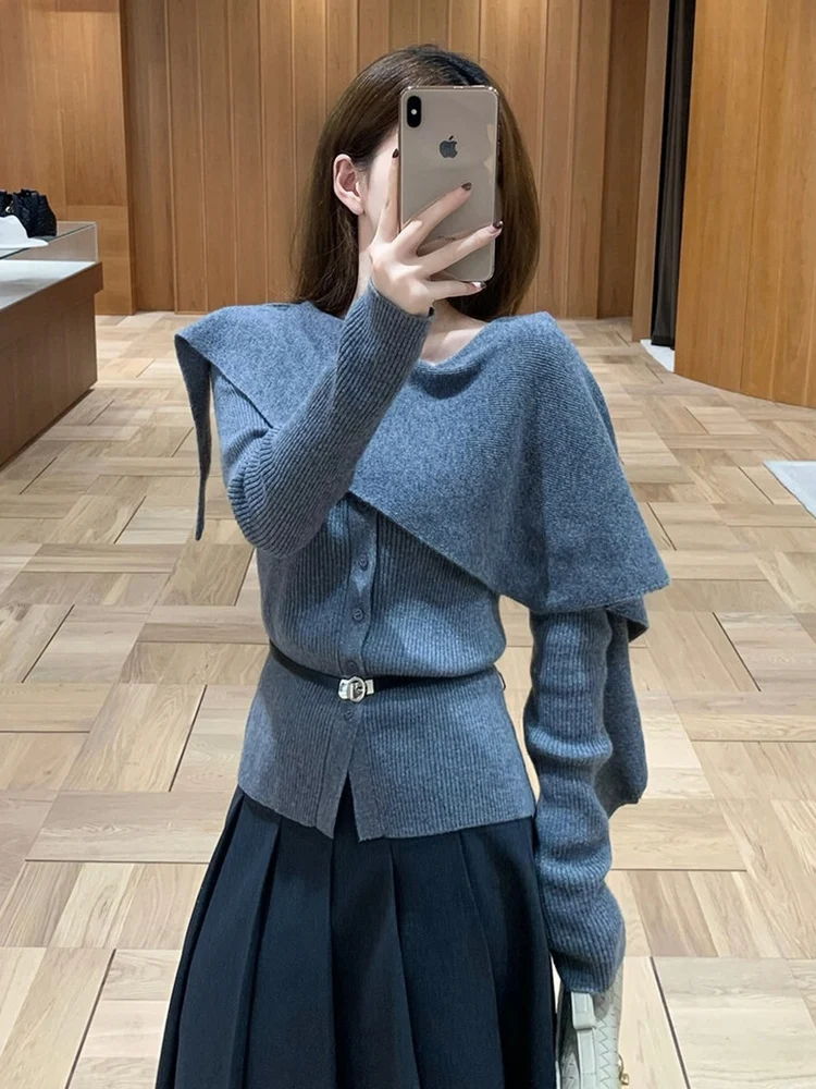 Sweater Rajut Panjang Modis Wanita Slim Fit Asimetris Nuansa Mewah Musim Gugur Trendi Atasan Model Bungkus Bahu