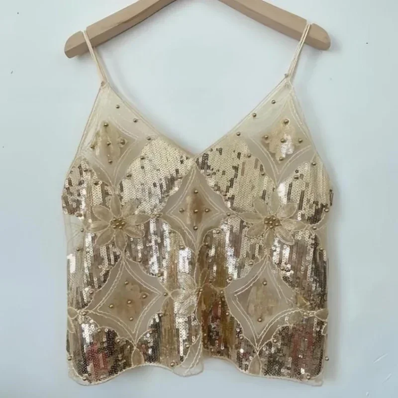 Women's Hot Sweet Sequin Bead Crop Tops Sexy Sling Slim Fit Short V-neck Straight Tank Top Korean Fashion Y2k Clothing - view 3