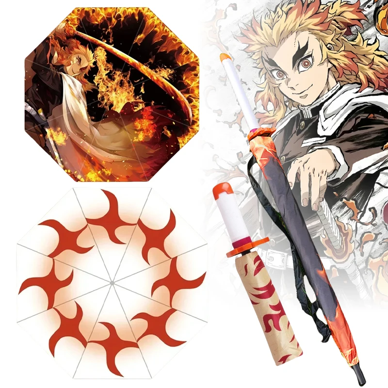 Rengoku Kyoujurou Katana Regenschirm mit langem Griff, UV-Block, schwarzer Sonnenschirm, Dämonentöter, Anime, japanischer Katana-Schwertschirm, Regenmantel