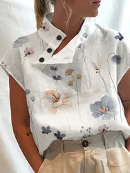 Celmia Summer Cotton Linen Blusas Women 2025 Fashion Turtleneck Short Sleeve Blouses Lightweight Breathable Tunic Tops Oversized