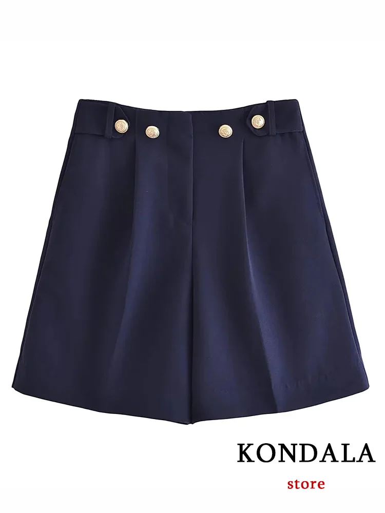 KONDALA Office Lady Suit Navy Blue Solid scollo a V tasche con bottoni singoli Blazer Zipper pantaloncini larghi Fashion 2023 Summer Elegant Set