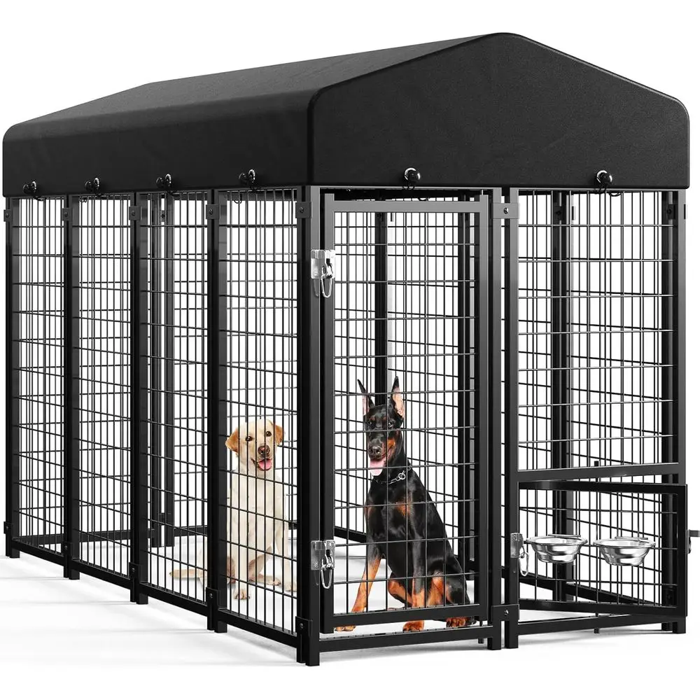 

Outdoor Dog Kennel with Doggy Door, Swivel Feeder & Roof - 8x4x6FT Large Dog Kennels for Large Dogs Breed - Heavy Duty Cage Yard