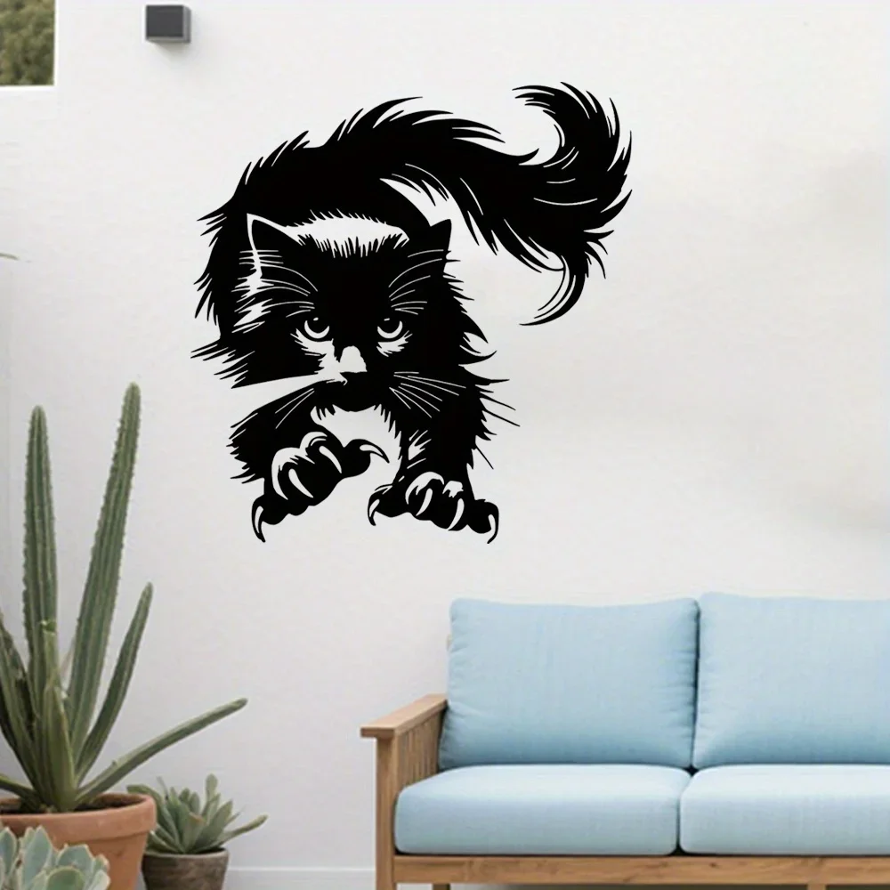Metal Black Cat Wall Art Decor Fierce Kitten Silhouette Cutout Sign Weatherproof Hanging Ornament for Home Living Room