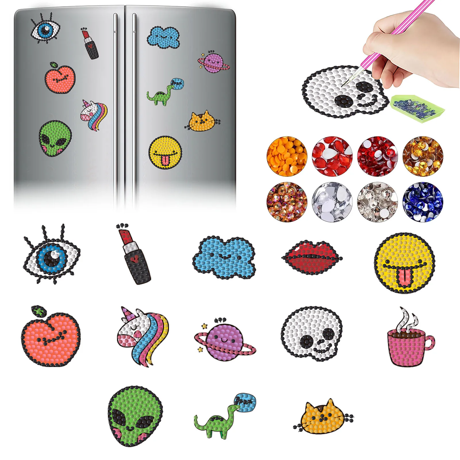 13 Sätze DIY-Diamant-Kunst-Malerei-Sets, Acrylmaterial-Magnete mit Cartoon-Motiv für dekorative Kühlschrankaufkleber.
