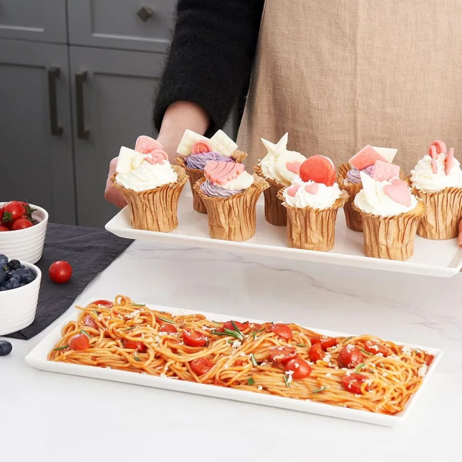 14.5 مجموعة أطباق مستطيلة مكونة من 4 صواني تقديم طويلة لرقائق معكرونة السوشي المقبلات كعكة طبق مستطيل من السيراميك الأبيض لـ Pa