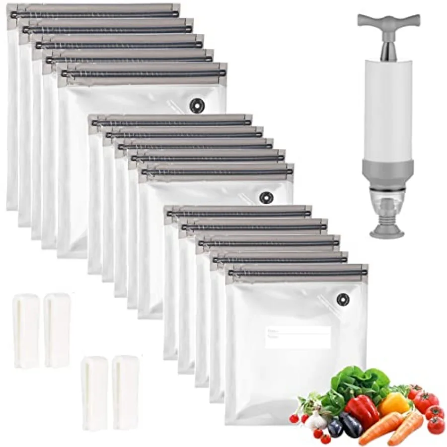 

Sous Vide Bags 20pack Reusable Vacuum Food Storage Bags with 3 Sizes Vacuum Food Bags, 1 Hand Pump, 4 Sealing Clips for Food St