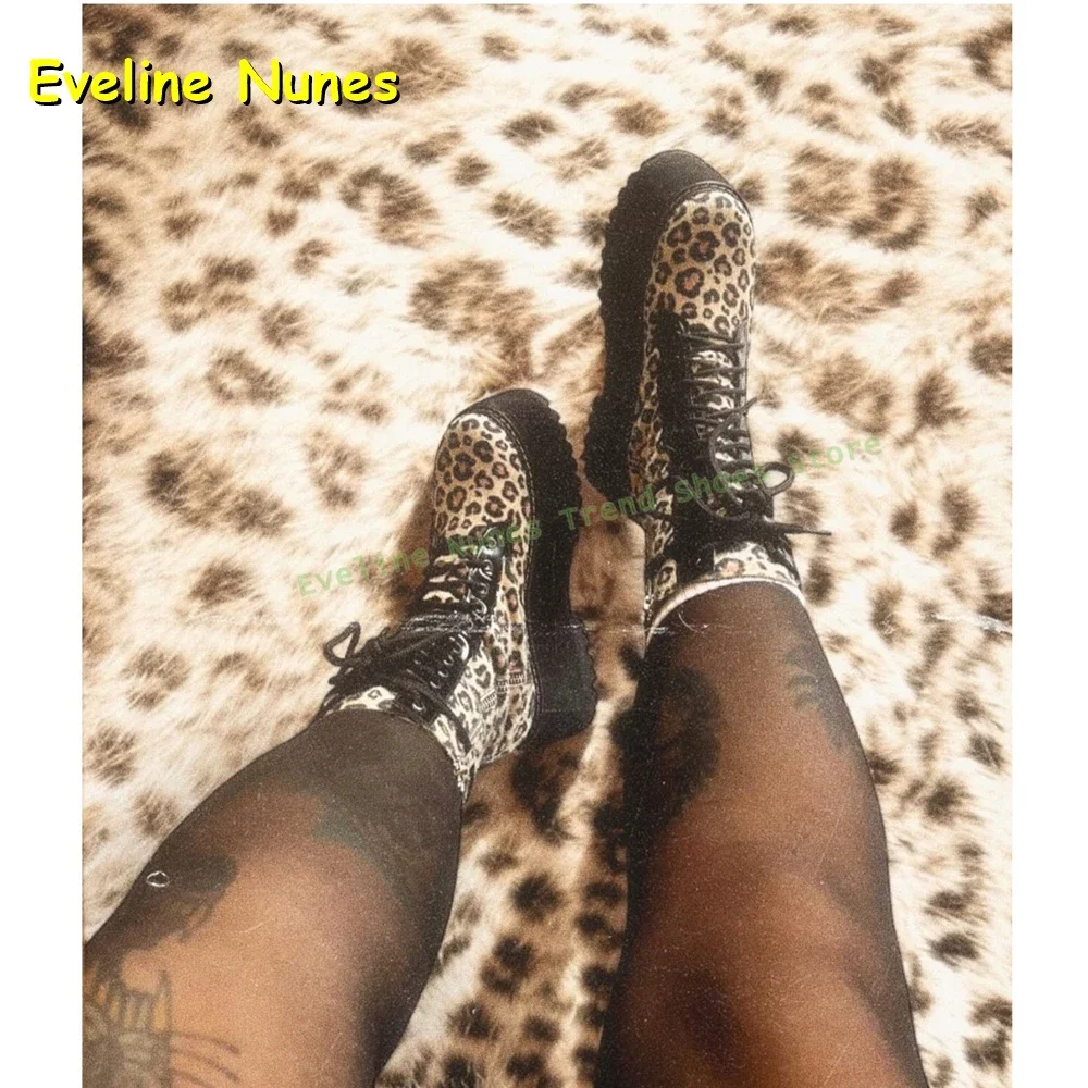 Leopard Platform Lace-Up Motorcycle Boots Round Toe Thick Sole Side Zipper Couple Spicy Girl Mid Calf Boots Y2K Punk Sexy Shoes
