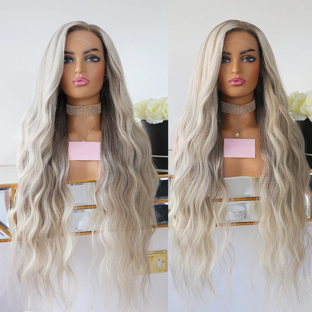 

Platinum Blonde Full Lace Wigs Mix Ash Blonde Root Highlight Wig Lace Front Human Hair Wigs 13x6 Pre Plucked Side Part Wavy Wig