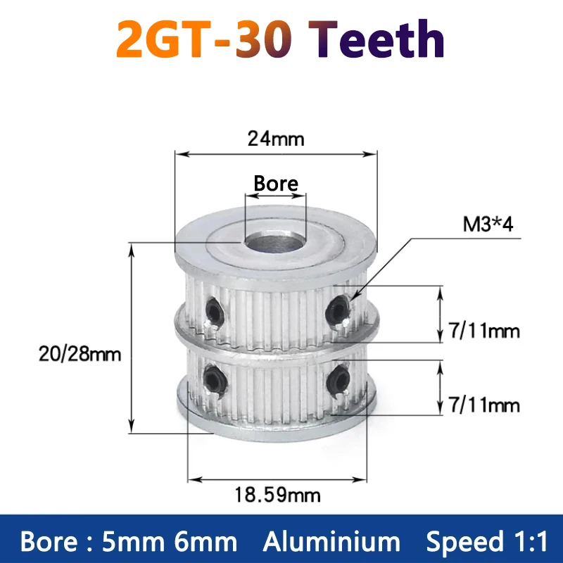 

1pc 1:1 30 Teeth 2GT Multiple Wheel Timming Pulley for Belt Width 6 10mm 30T Double Row Combination Synchronous Wheel Bore 5 6mm