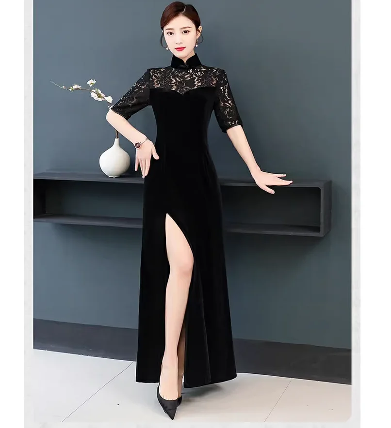 large-lace-sexy-qipao-slit-temperament-gold-velvet-long-dress