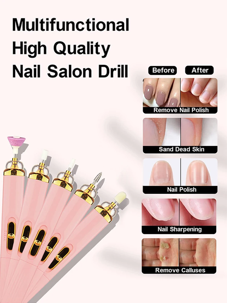 5 in 1 Electric Nail Polish Drill Machine With Light Portable Mini Electric Manicure Art Pen Tools For Gel Remover