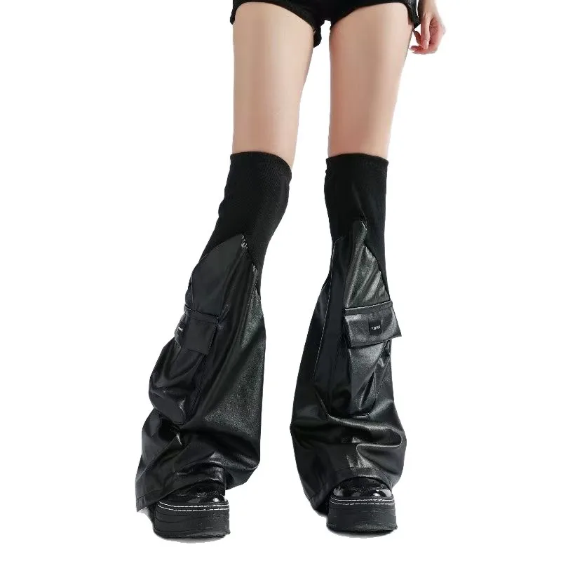 Techwear Y2K Goth Faux PU Leather Leg Warmers Women Cargo Pocket Ribbed Knit Patchwork Flare Over Knee Slouchy Industrial view 5