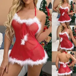 Gonna con spalline al collo con scollo a rete natalizia da donna pigiama Sexy biancheria intima divertente Set di biancheria da donna Lenceria Femenina