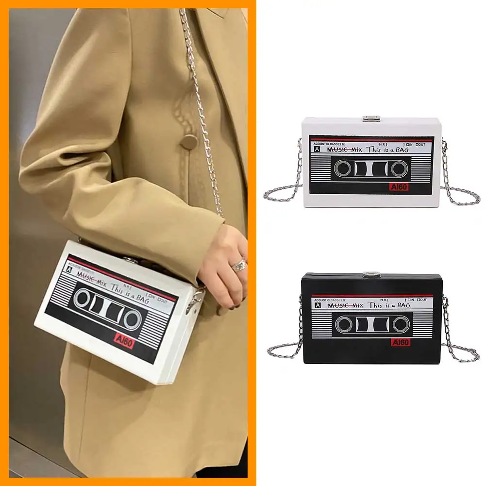 

Women Crossbody Bag Radio Shape Luxury Retro Bag PU Leather Tape Recorder Print Ladies Daily Commute Bag