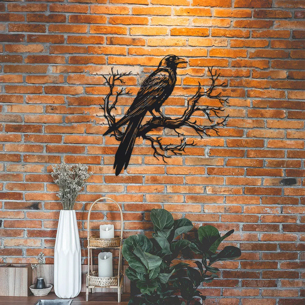 Arte Metálico para Pared con Diseño de Cuervo en Rama de Árbol, Decoración de Pájaro en Silueta Negra de 1 Pieza, No Requiere Fuente de Alimentación, Decoración de Pared de Hierro Resistente
